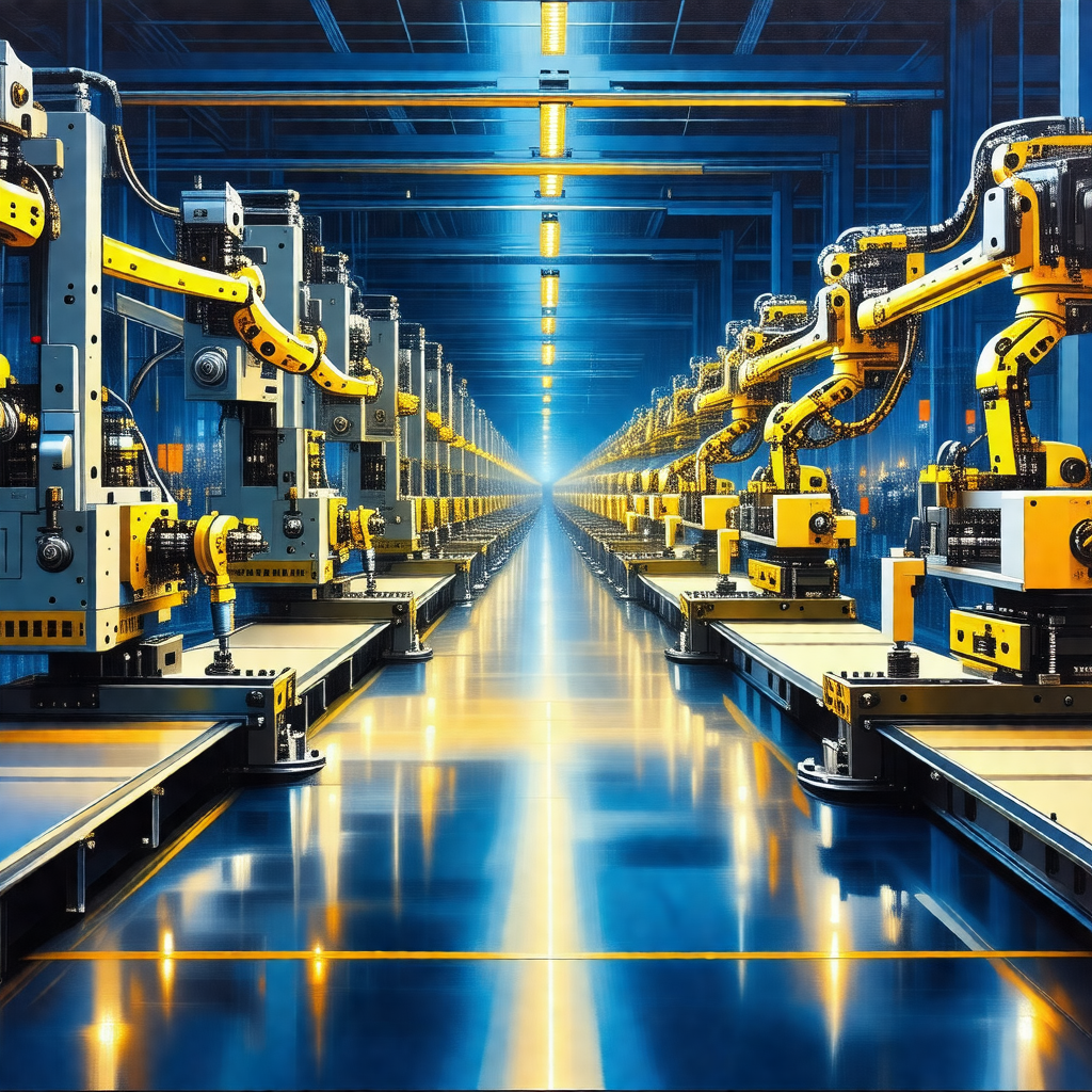 Factory with a long row of yellow robots lined up on a co...