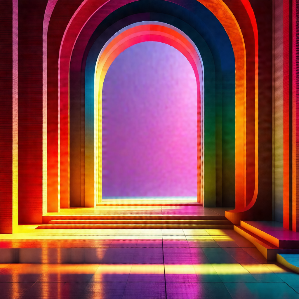 Large, colorful archway with a rainbow-colored background