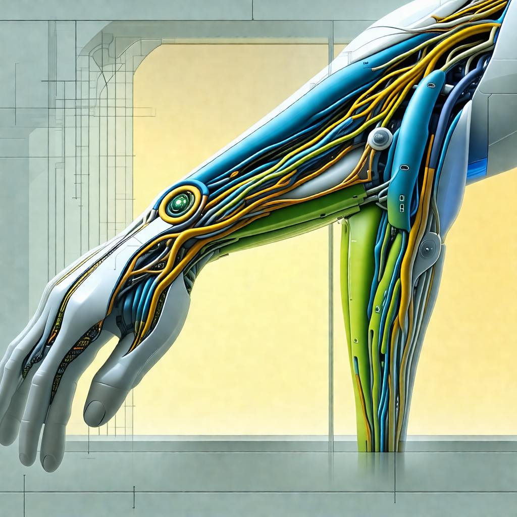 Close-up of a robotic arm with a yellow and blue color sc...