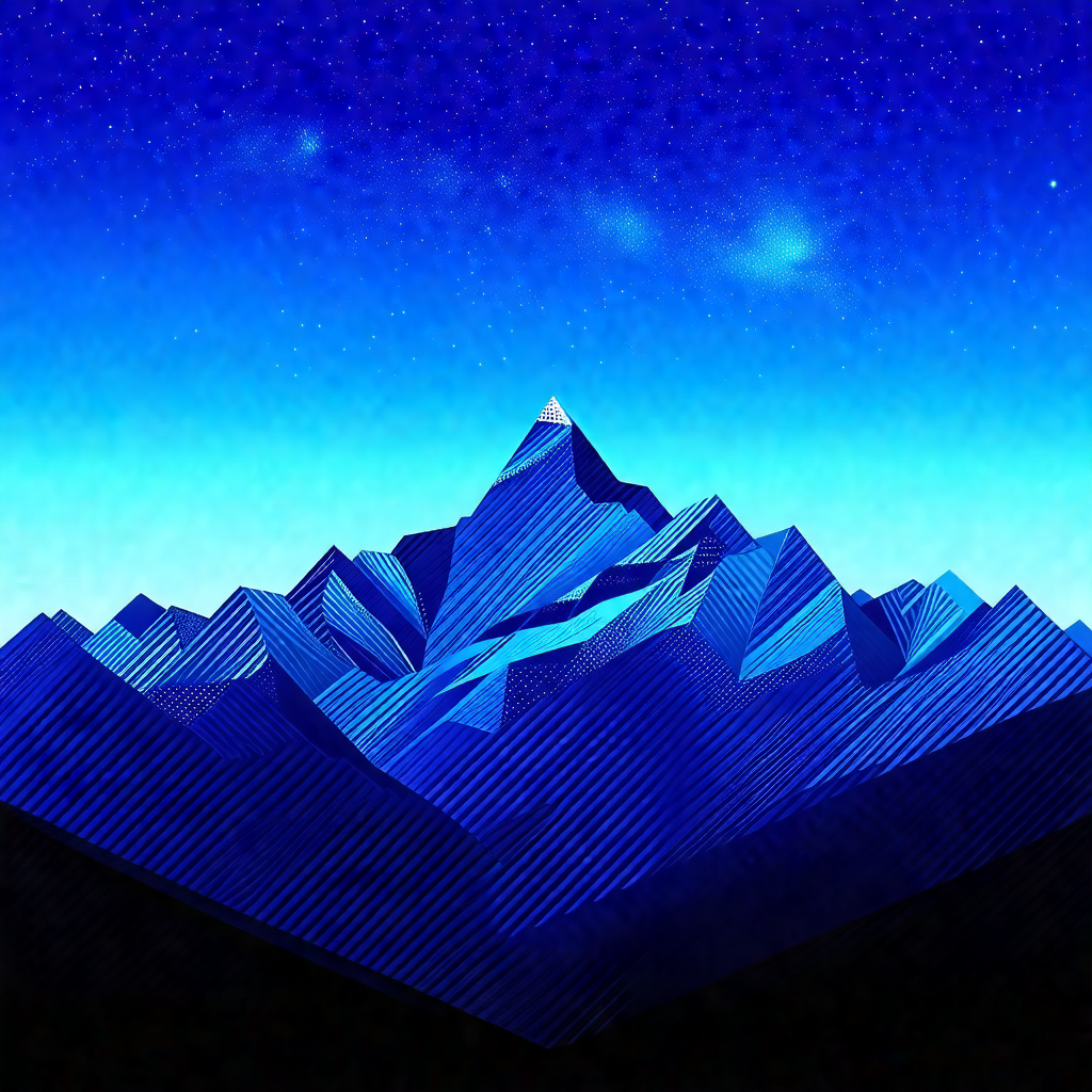 Large, blue mountain with a peak that resembles a pyramid
