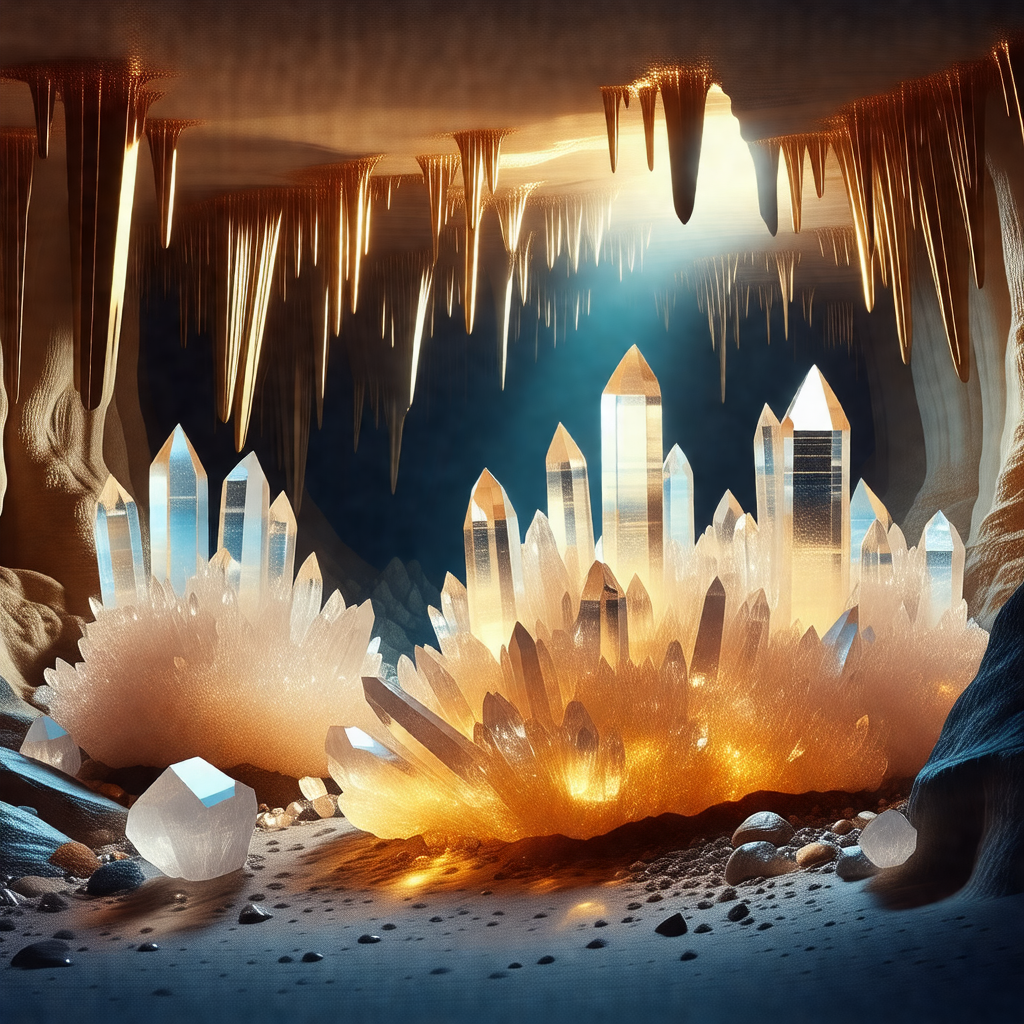 Colorful, computer-generated (cgi) scene of a cave with a...