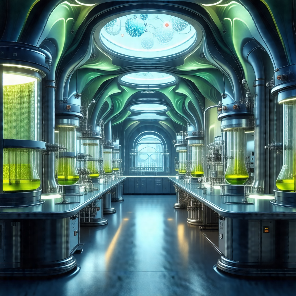 Futuristic laboratory with a large number of green vials ...