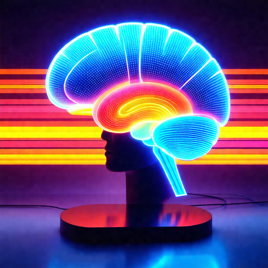Neon lighted model of a human head, specifically a brain