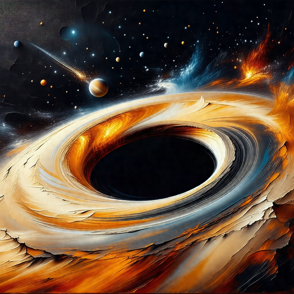Painting of a black hole, with a bright orange glow surro...