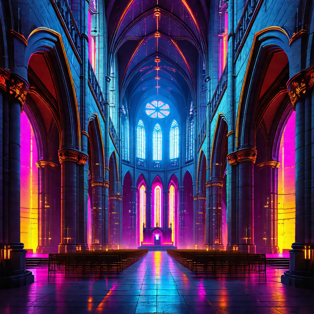 Colorful, artistic depiction of a large cathedral with a ...