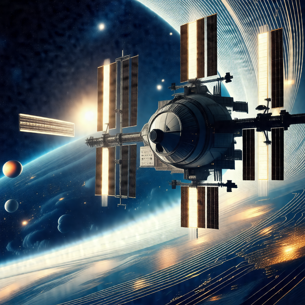 Space shuttle with a large satellite dish on its side, fl...