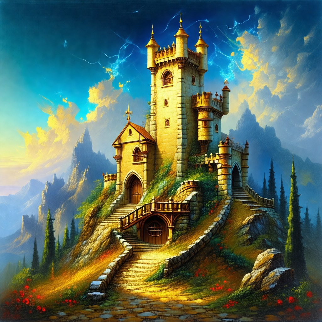 Large, old castle with a tall tower and a pointed roof