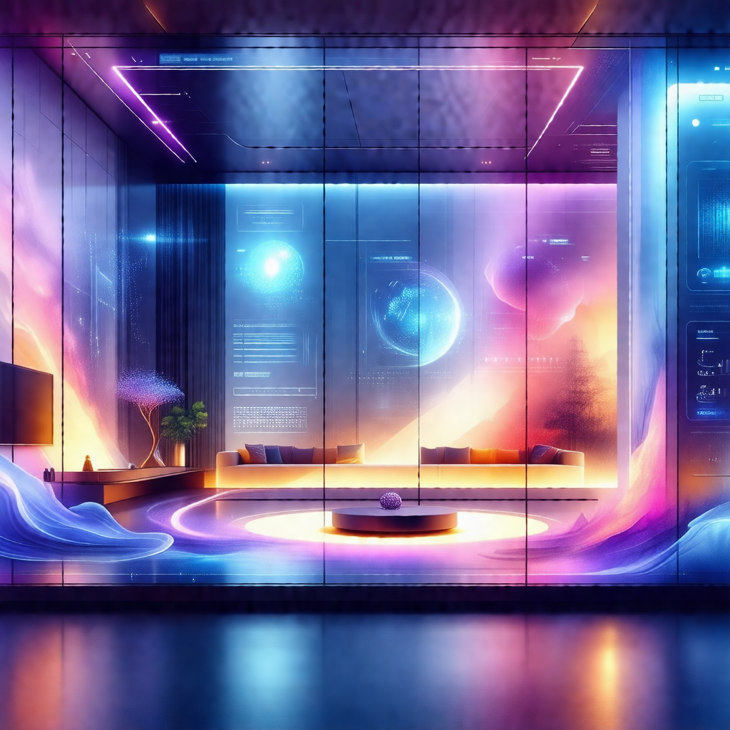 Futuristic living room with a purple and blue color scheme
