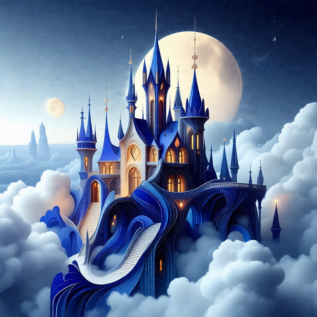 Large, blue castle with a tall tower and a moon in the ba...