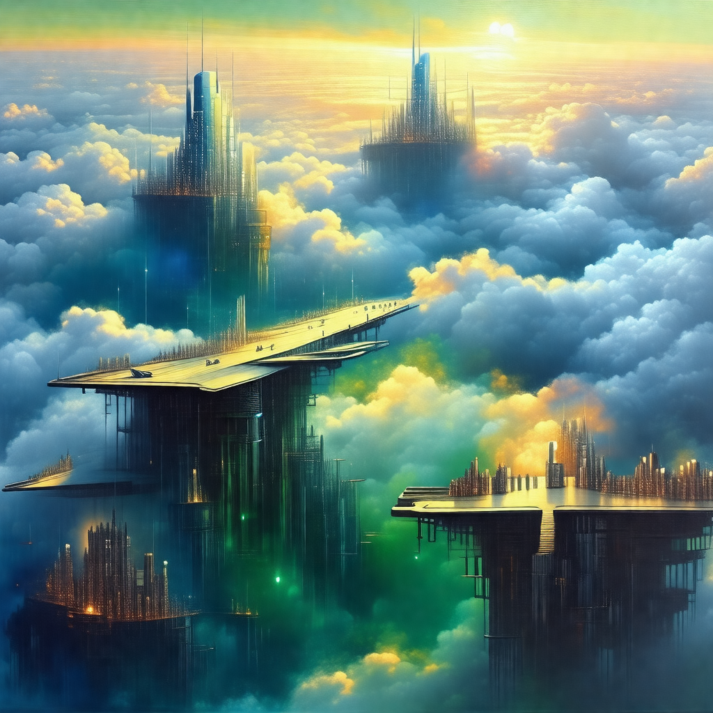 Painting of a futuristic city with a series of skyscraper...