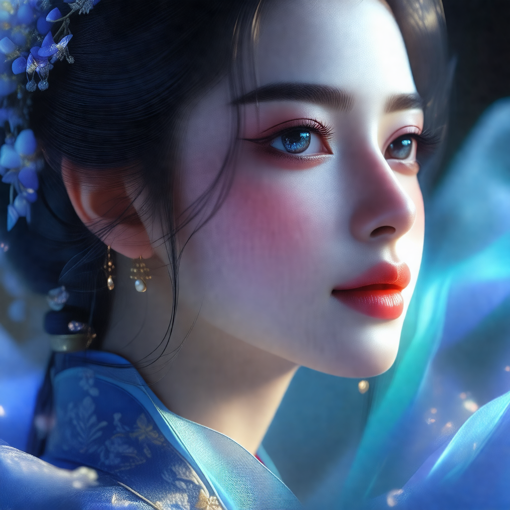 Beautiful young woman with long black hair, wearing a blu...