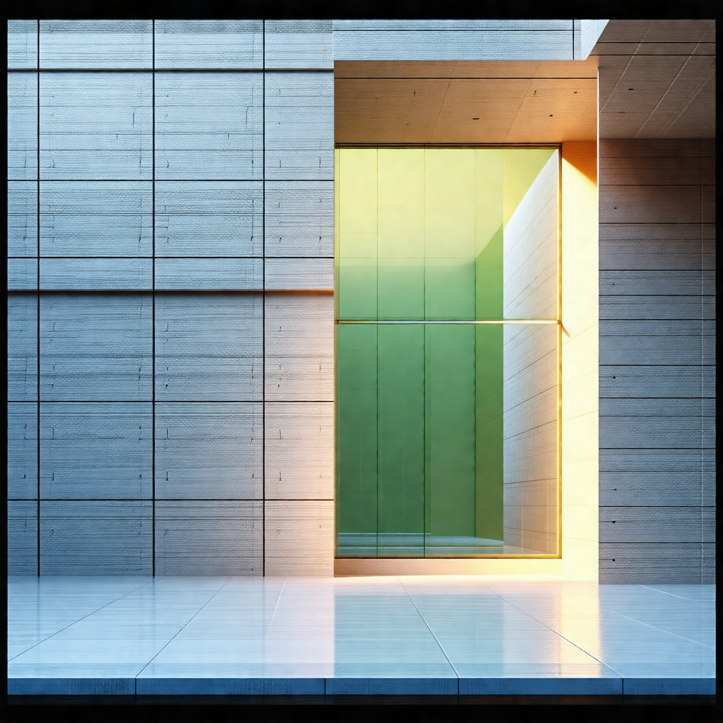 Large glass door with a green tint, leading to a building