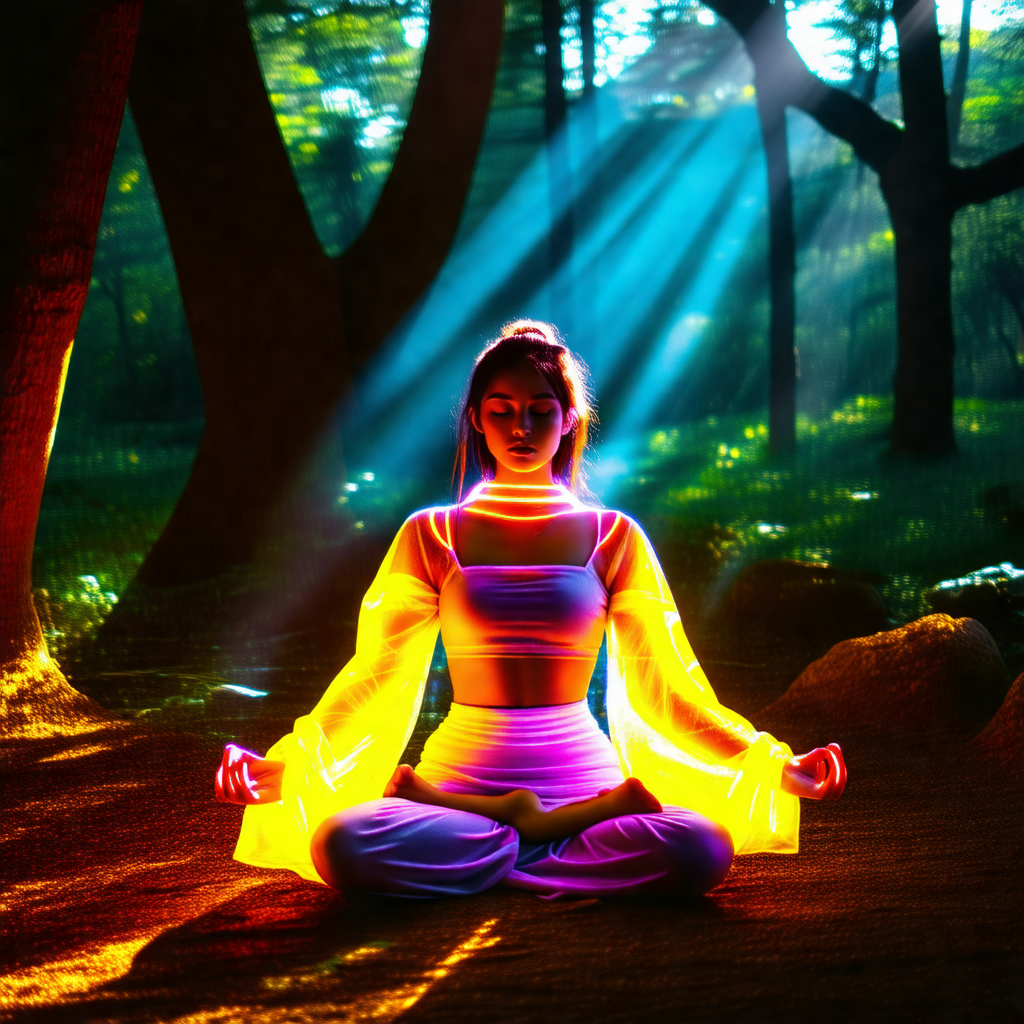 Woman sitting in a forest, surrounded by trees
