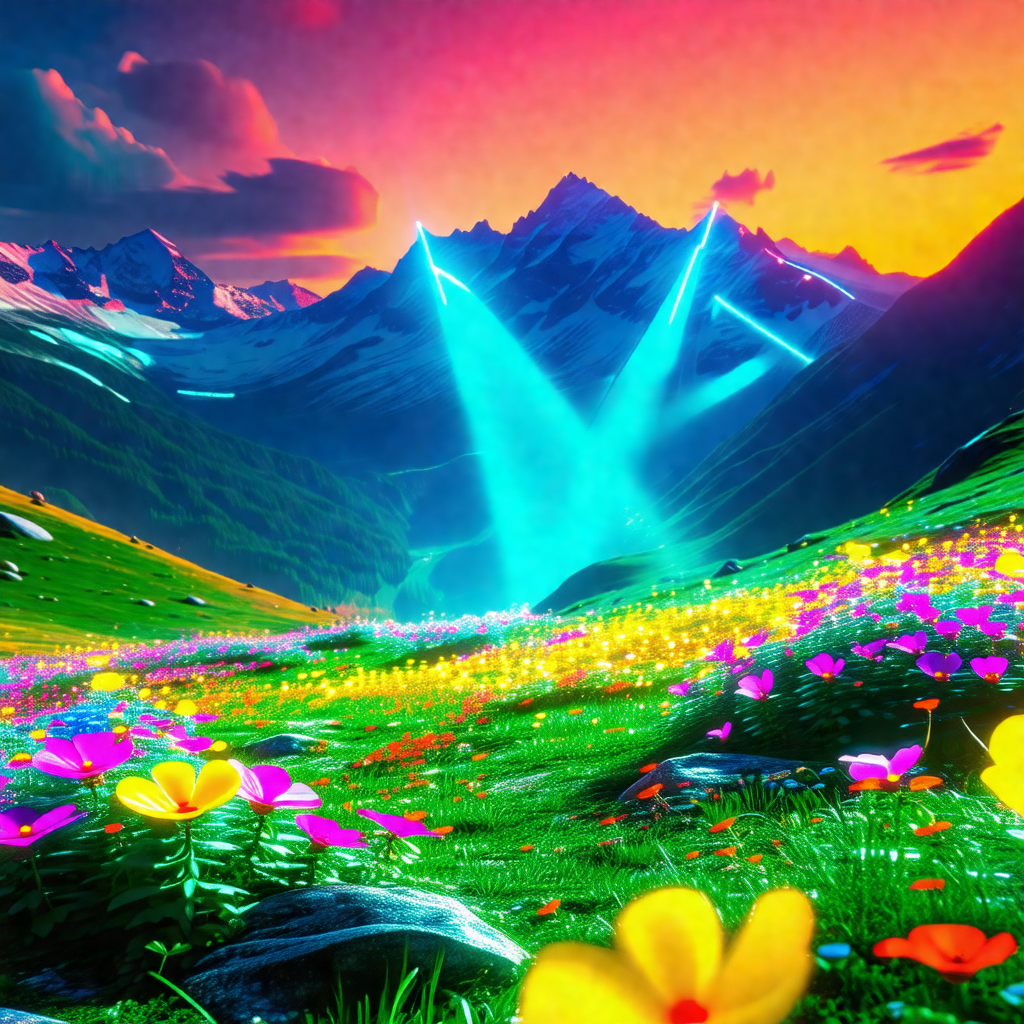 Colorful and vibrant painting of a mountainous landscape