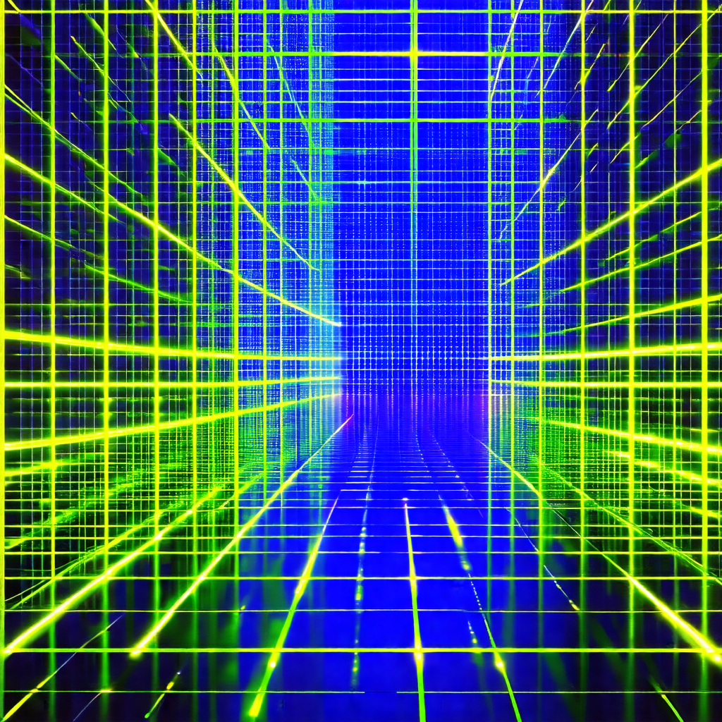 Blue and yellow tunnel with a green grid pattern