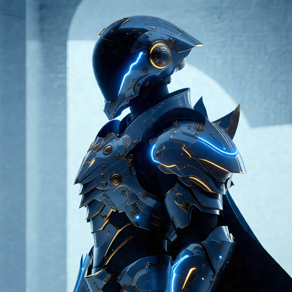 Futuristic robot with a blue and gold color scheme