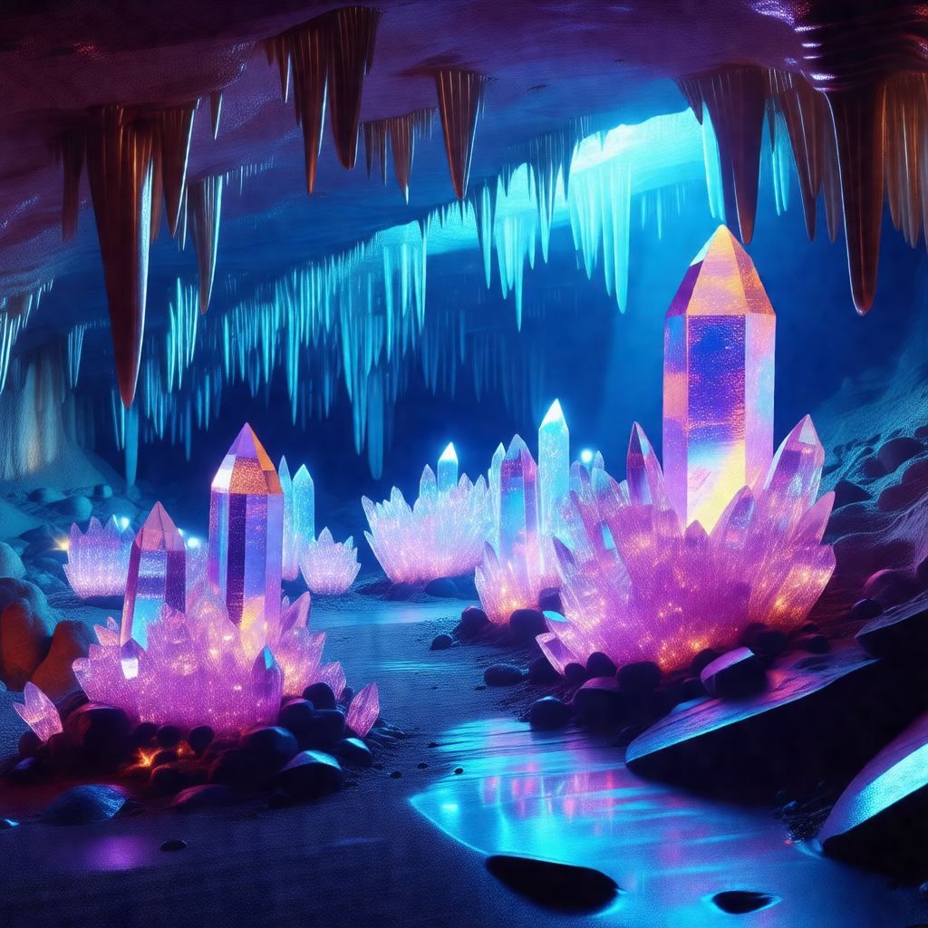 Cave with a blue light illuminating the space