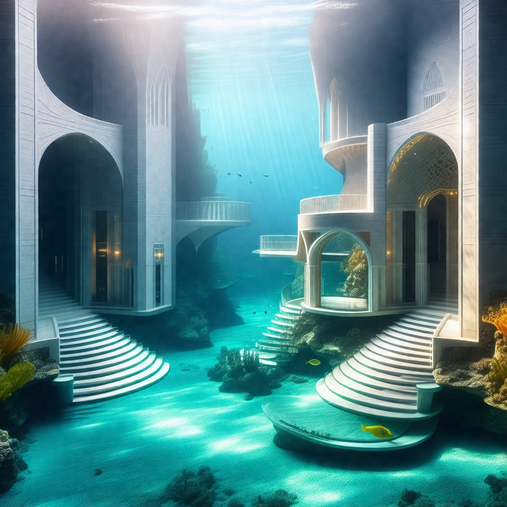 Large, underwater city with a variety of buildings and st...