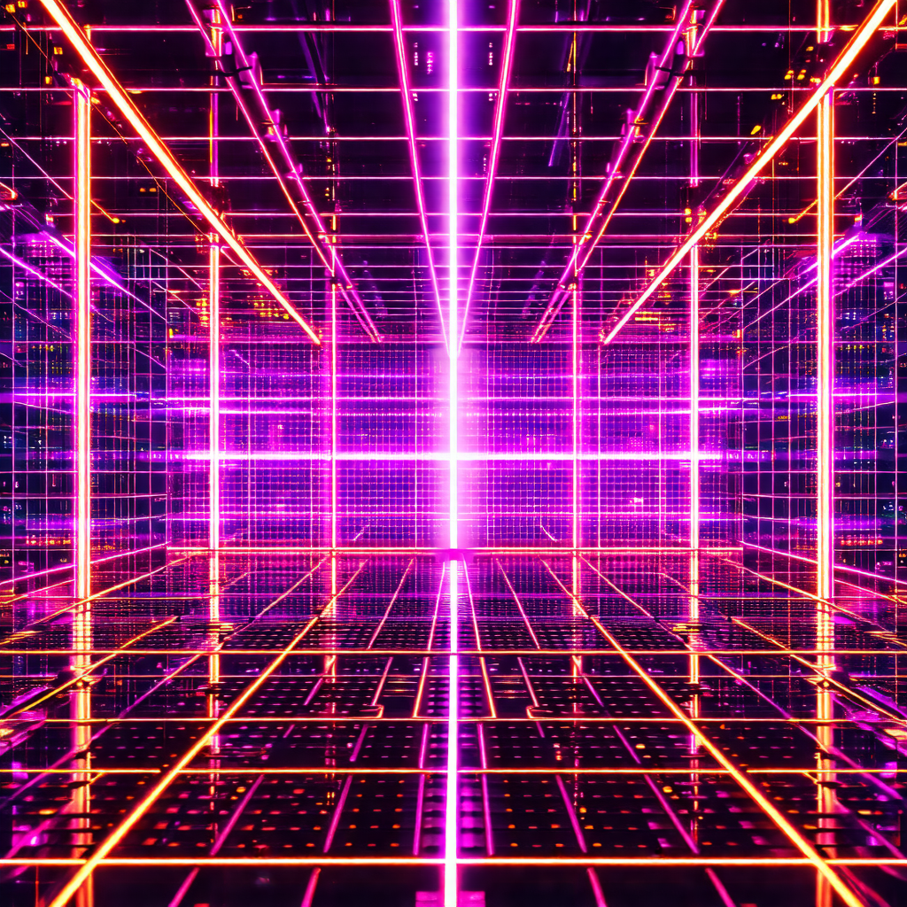 Futuristic, neon-colored scene with a large, open space