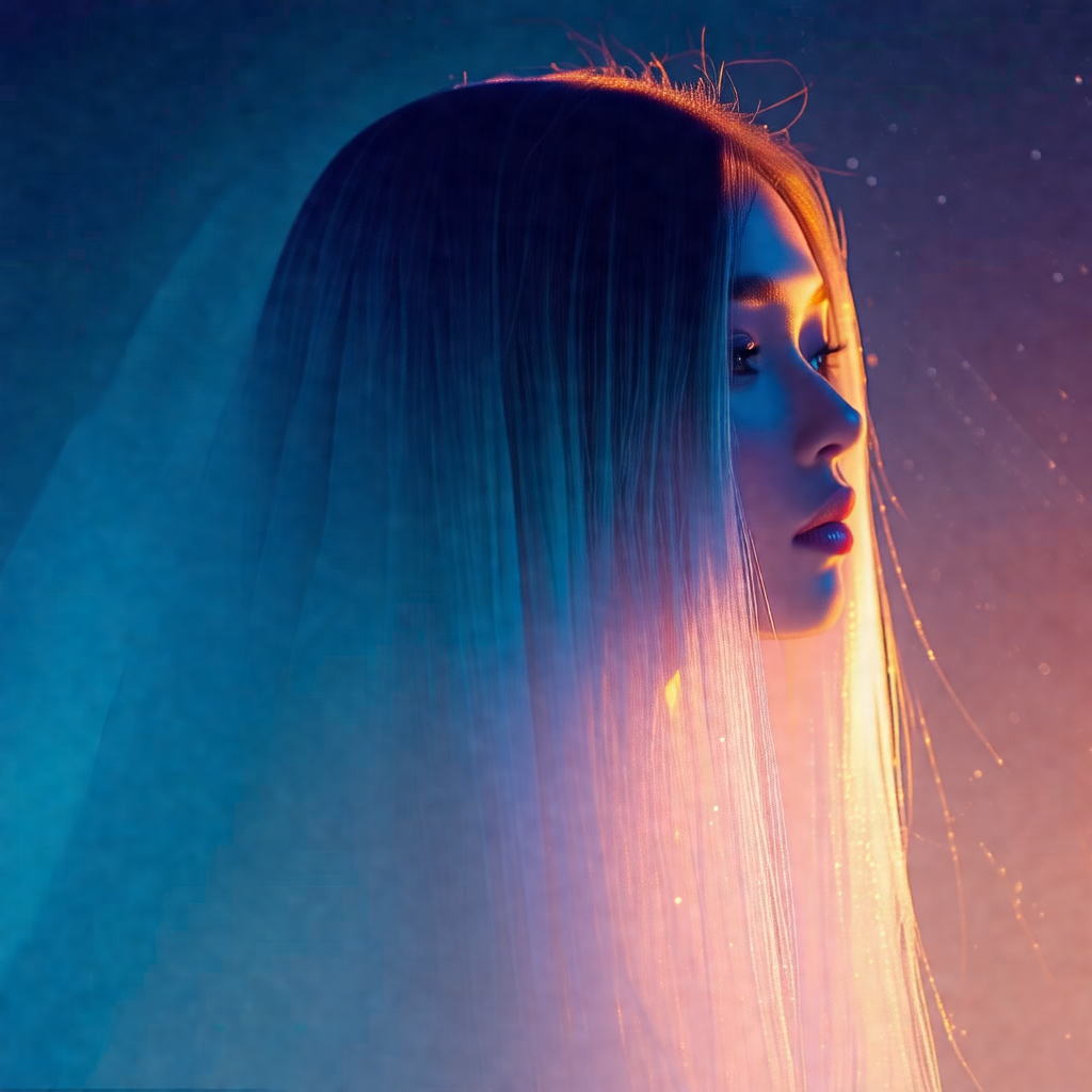 Woman with long, flowing hair, wearing a veil