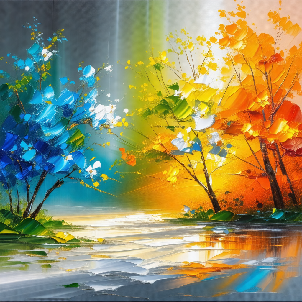 Beautiful painting of a forest with a river flowing throu...