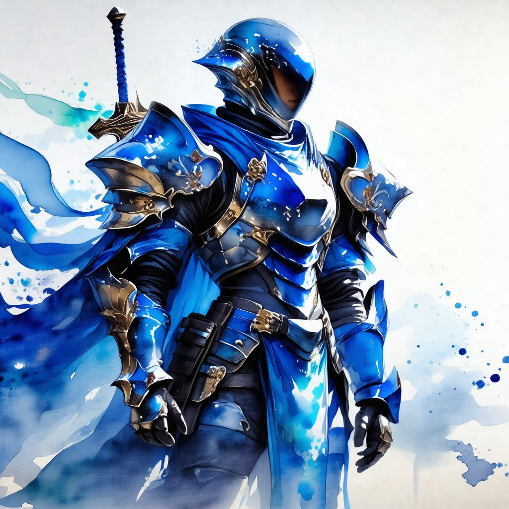 Blue knight in a suit of armor, standing in a blue and wh...