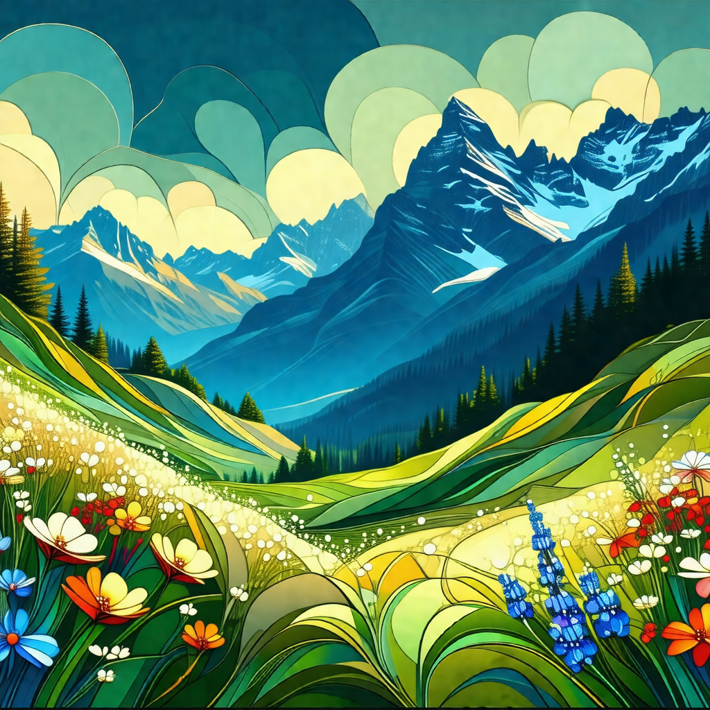 Painting of a beautiful mountain landscape with a lush gr...