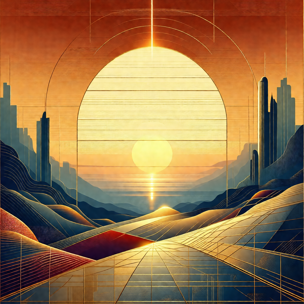 Painting of a futuristic cityscape with a large, bright s...