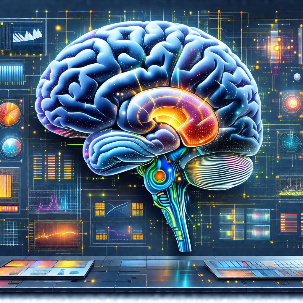 Close-up of a human brain, with a computer monitor in the...