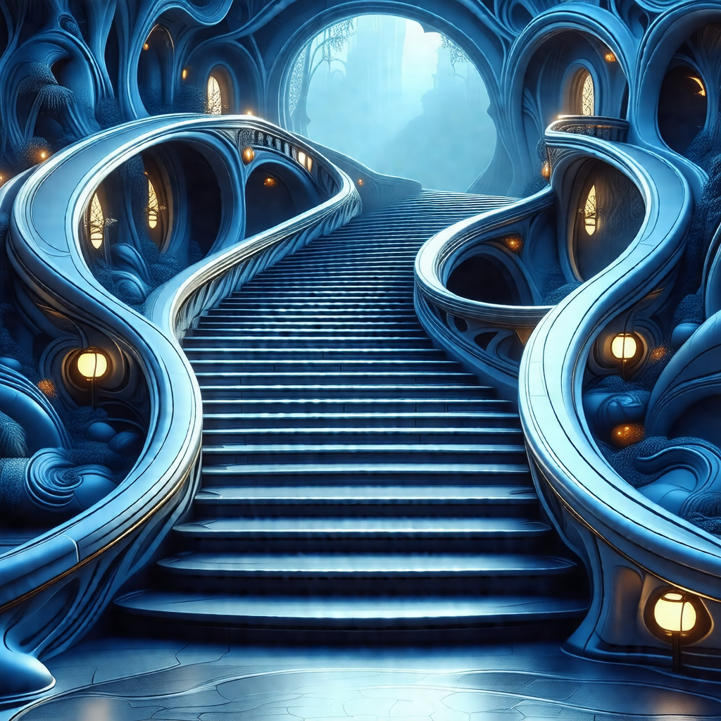Digital painting of a staircase in a blue and white color...