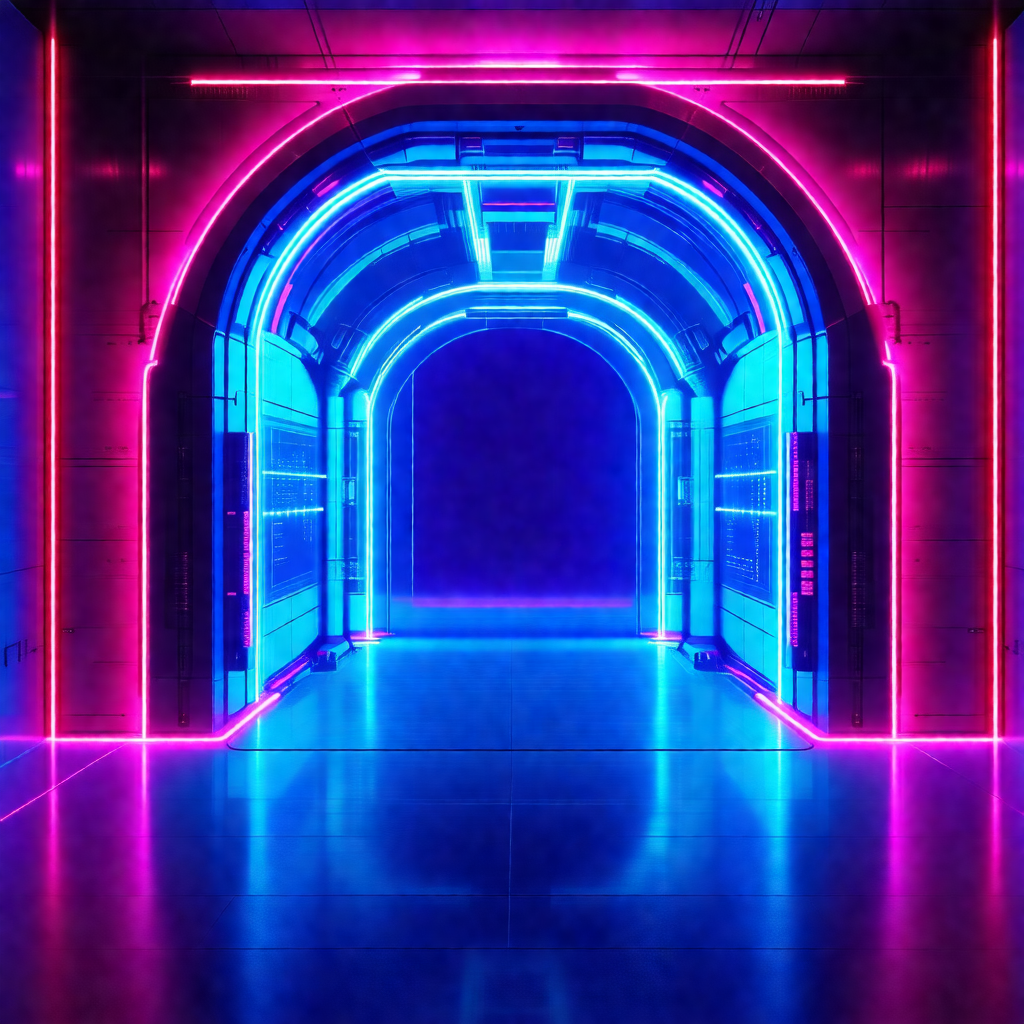 Large, brightly lit tunnel with a blue and pink neon ligh...