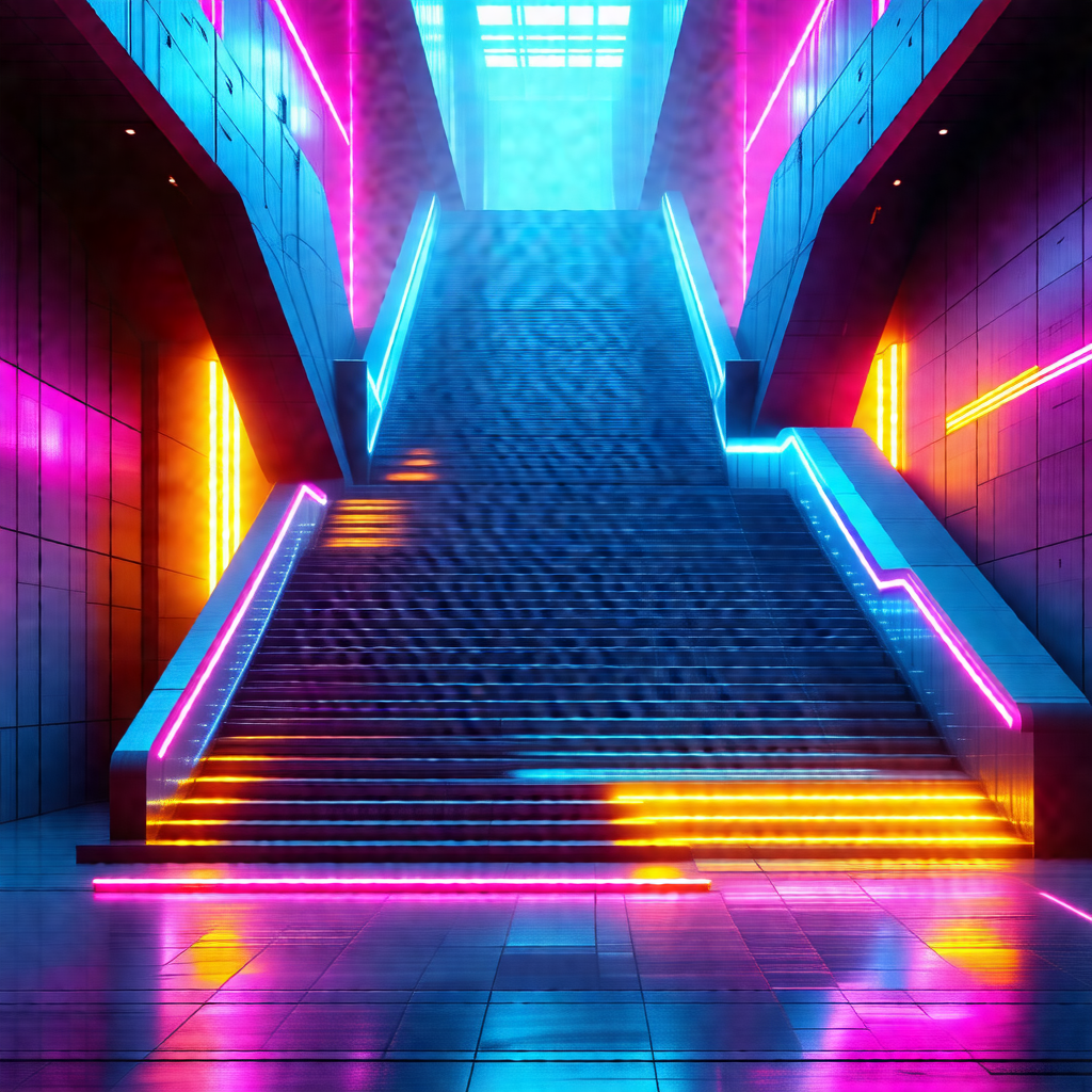 Staircase with a blue light illuminating the steps