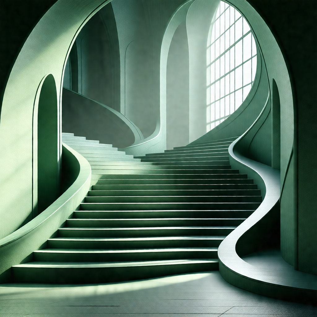 Spiral staircase with a greenish tint, leading to a brigh...