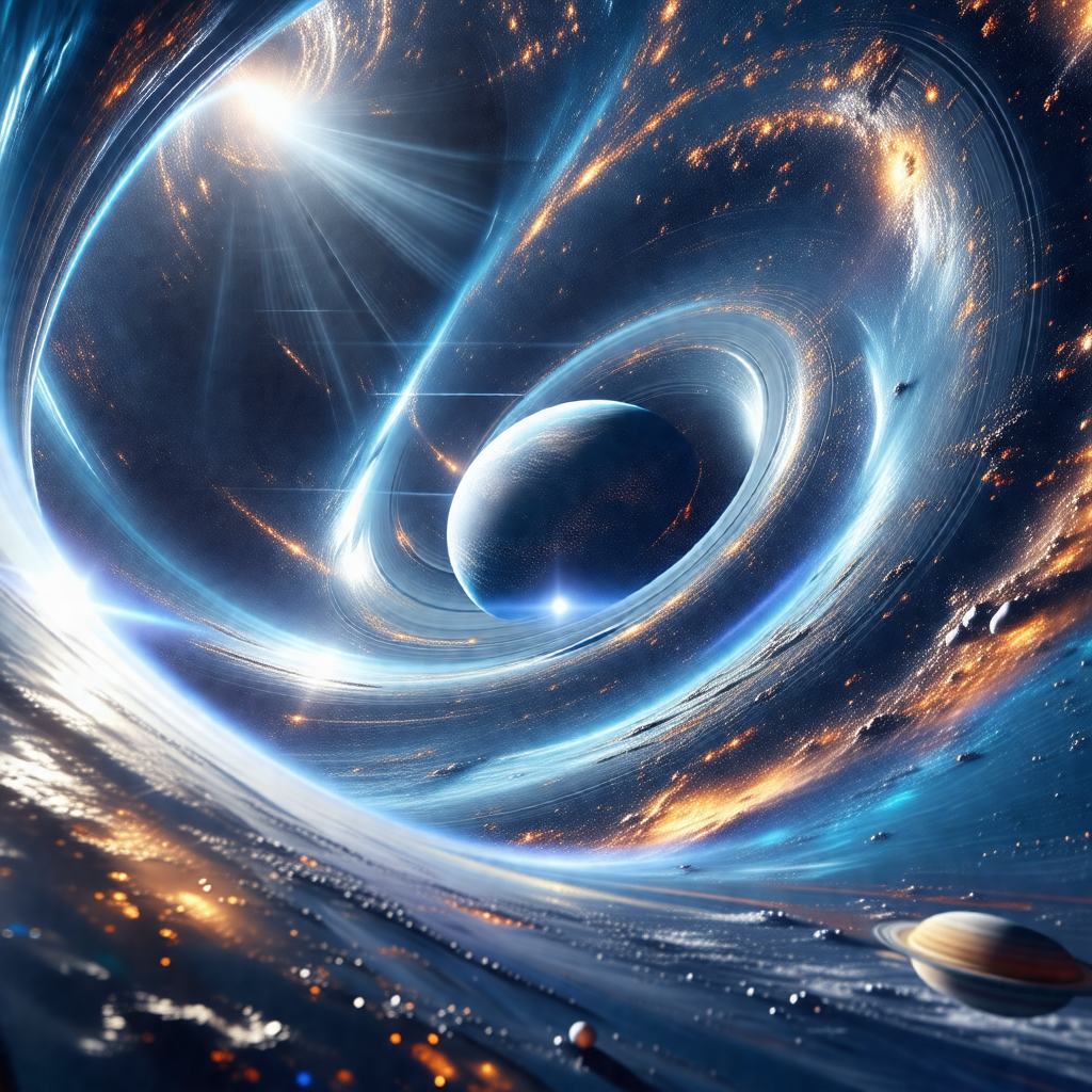 Digital artwork of a space scene, featuring a large, brig...