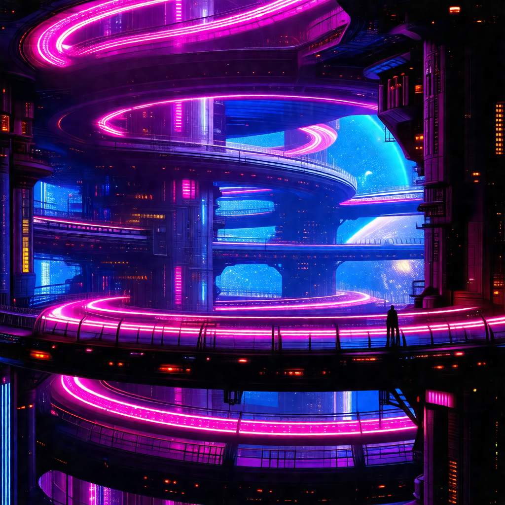 Futuristic cityscape with a large, pink and purple buildi...