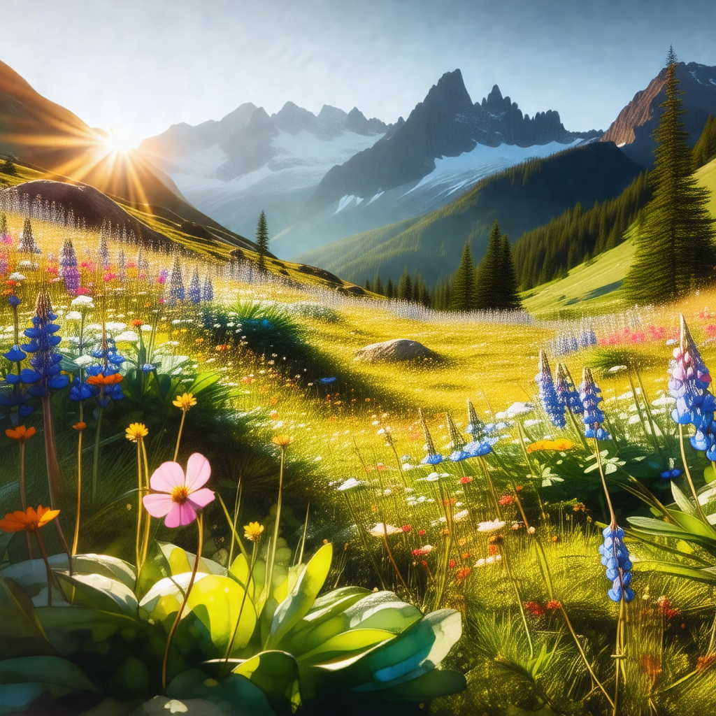 Beautiful, lush green field with a mountain range in the ...