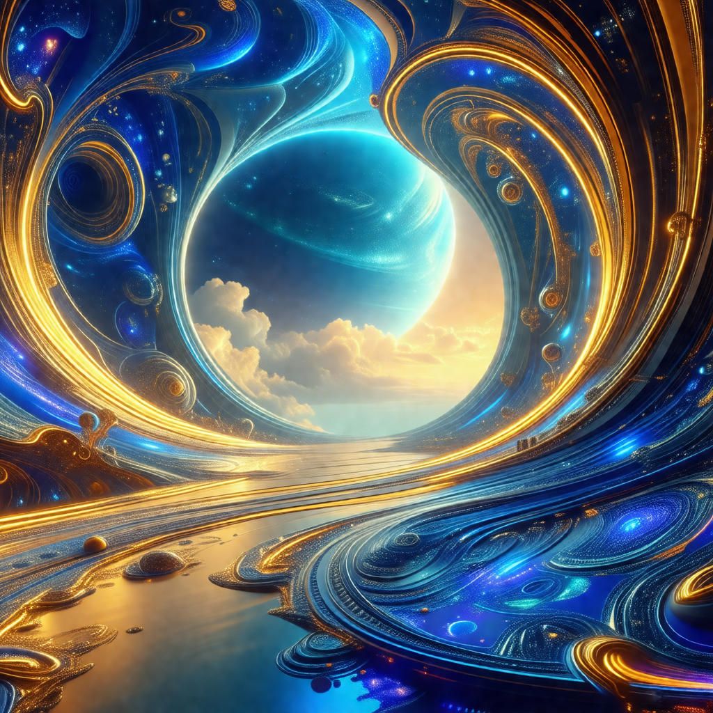 Surreal painting featuring a blue and gold color scheme