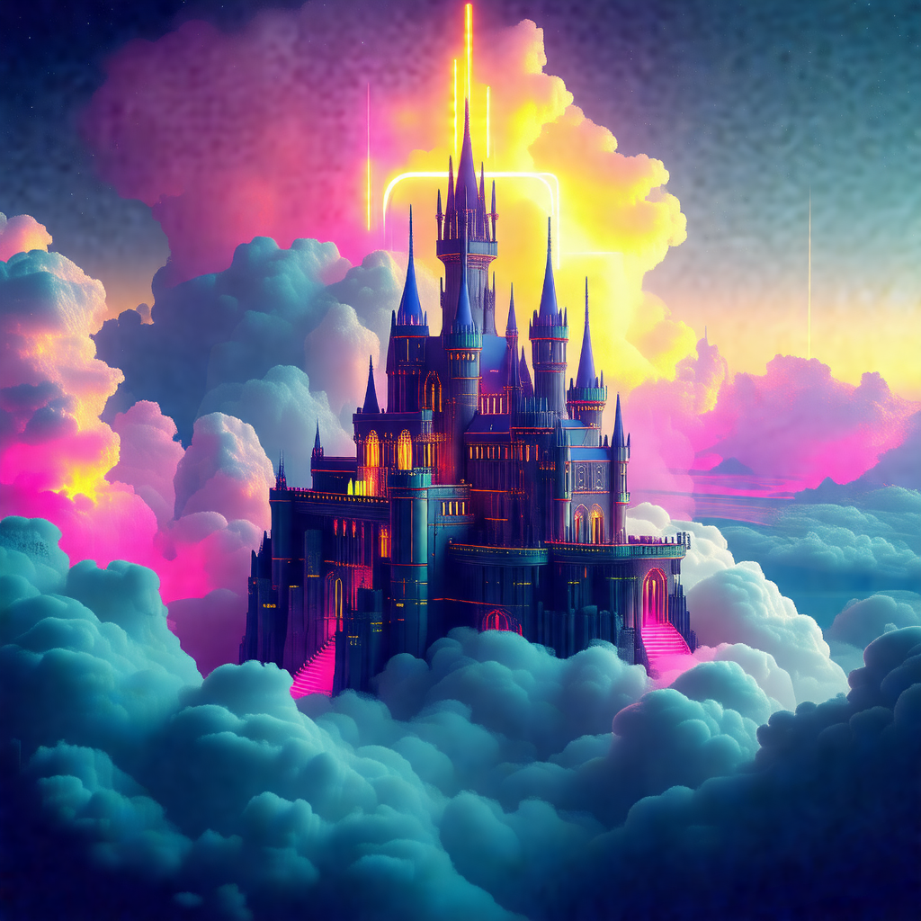 Large, colorful castle floating in the sky