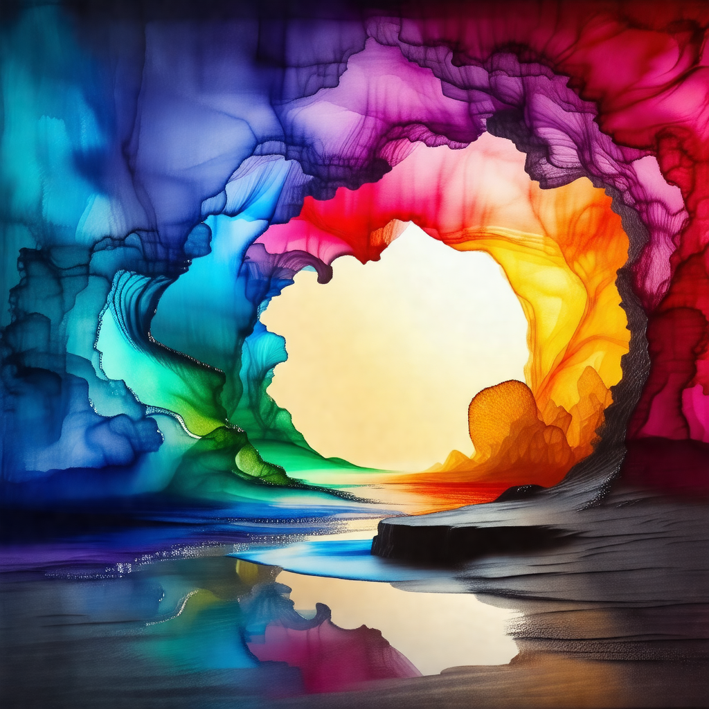 Colorful, abstract painting of a beach scene