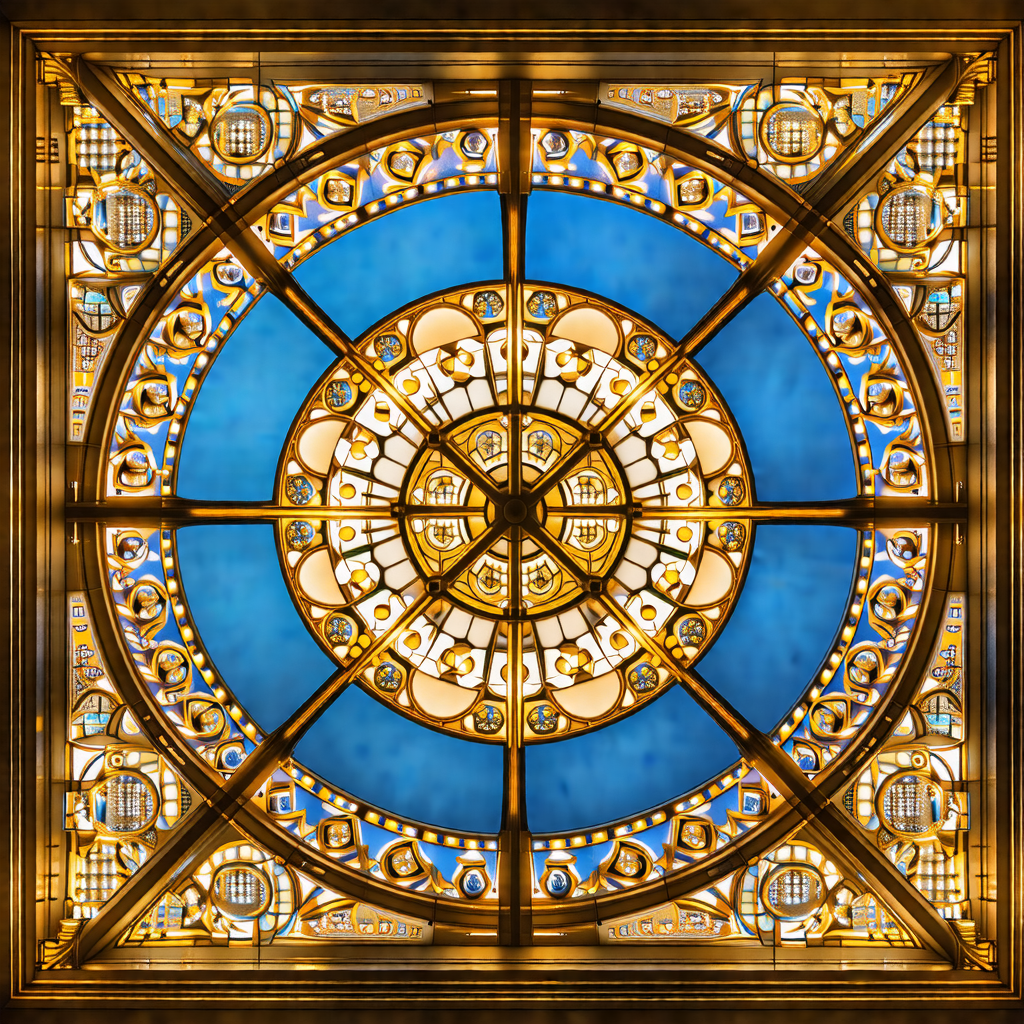 Large, ornate stained glass window with a blue background