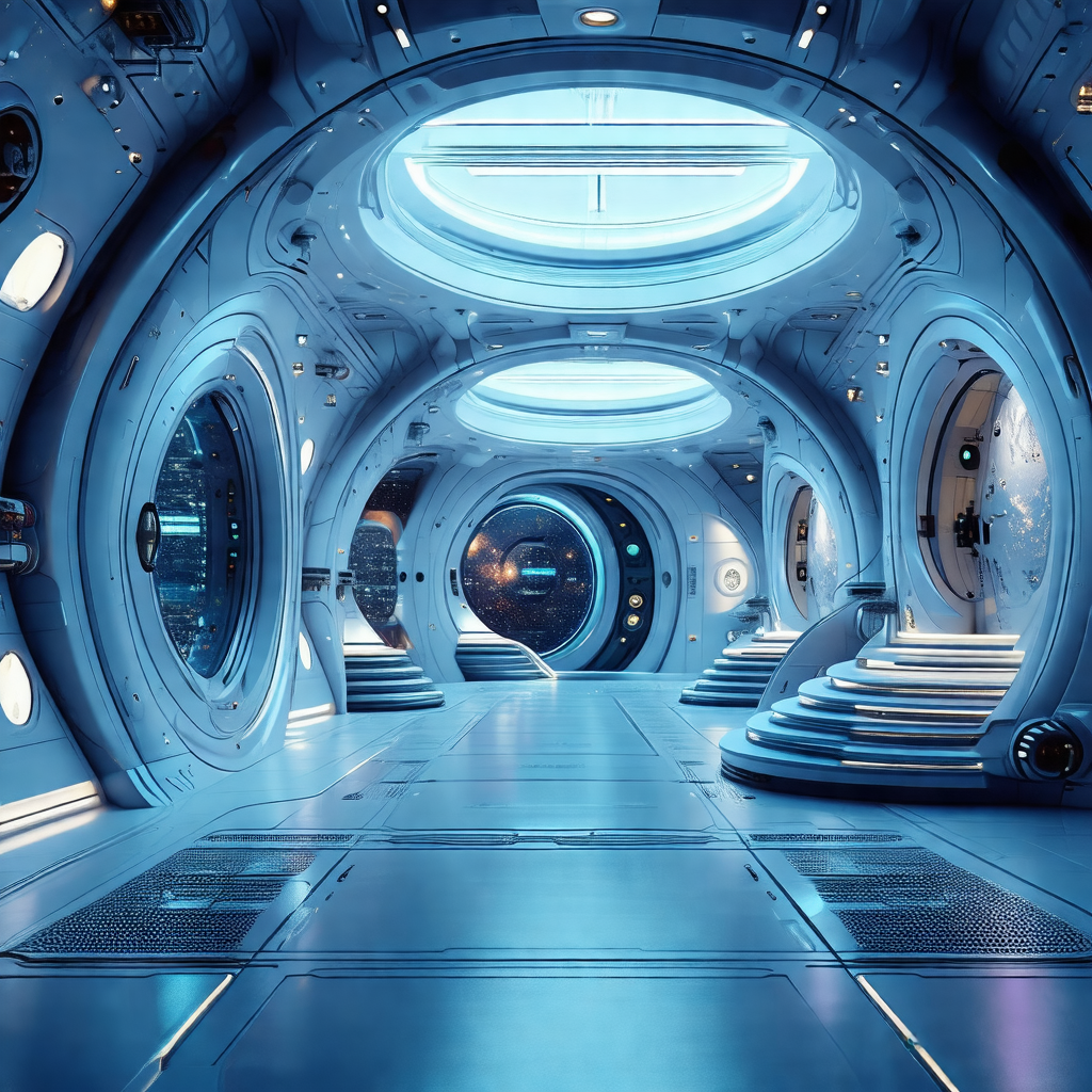Futuristic space station with a long, curved hallway