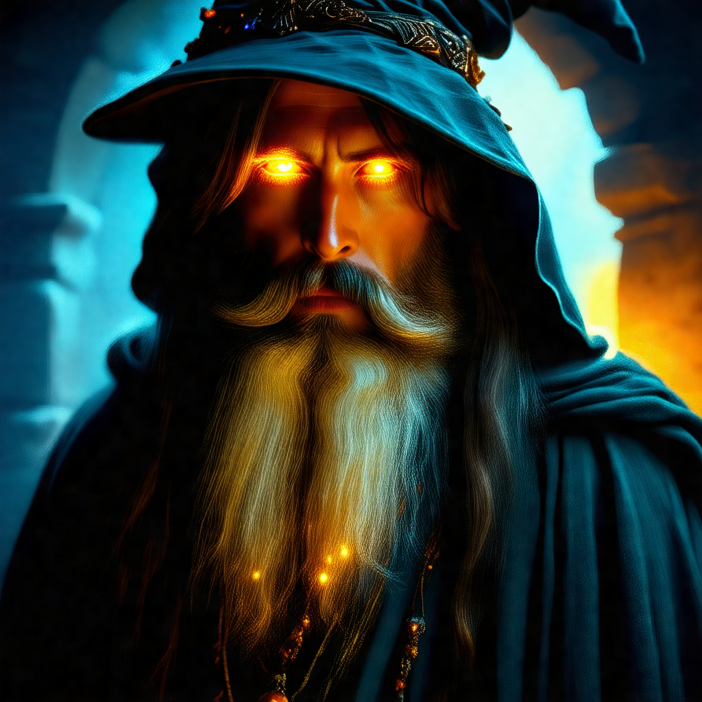 Man with a beard and a wizard's hat, standing in a dark room