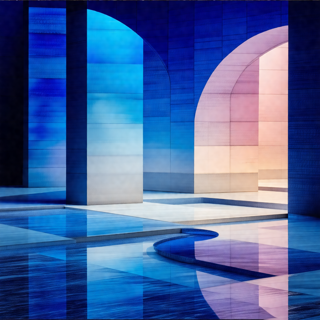 Large, open, and empty swimming pool with a blue and purp...