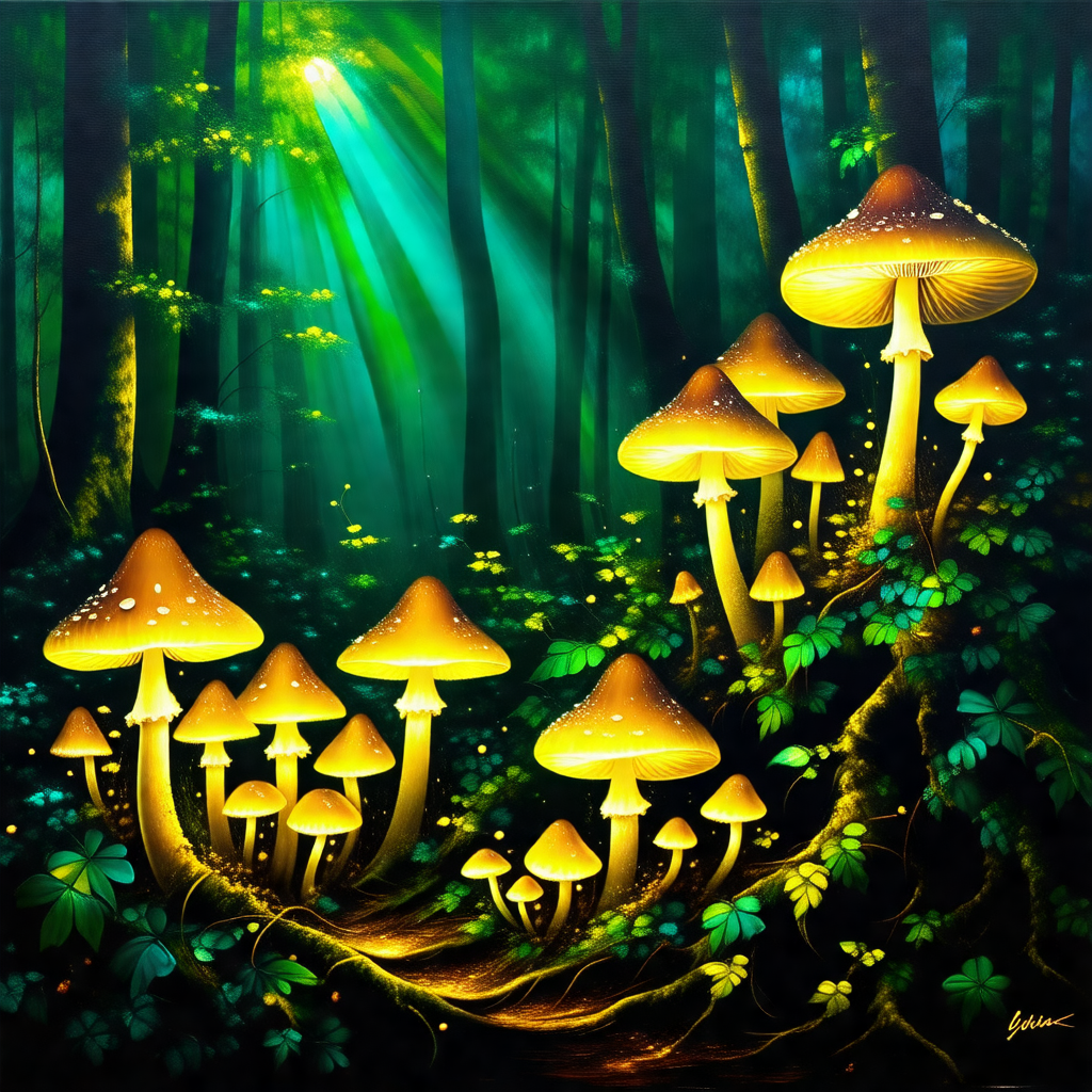 Forest with a group of mushrooms growing on the ground