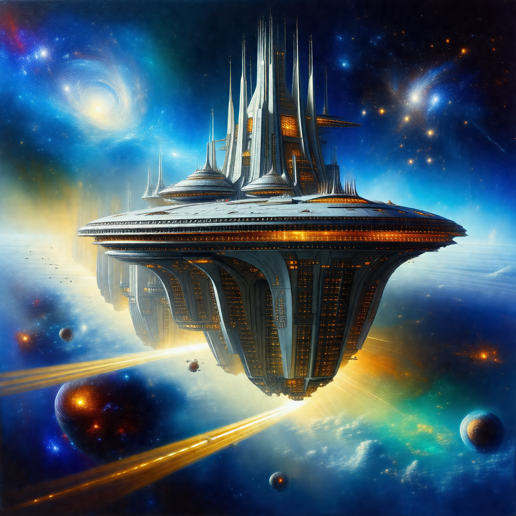 Futuristic space station with a large, round structure at...