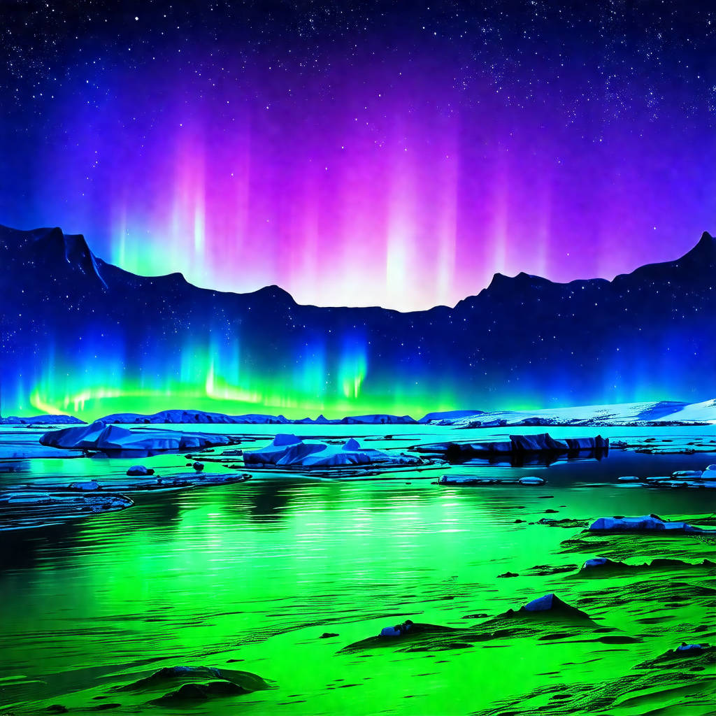 Beautiful scene of a frozen lake at night, with a sky ful...