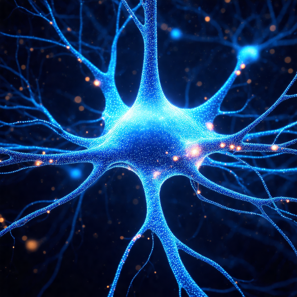 Close-up of a blue nerve cell, with its intricate structu...