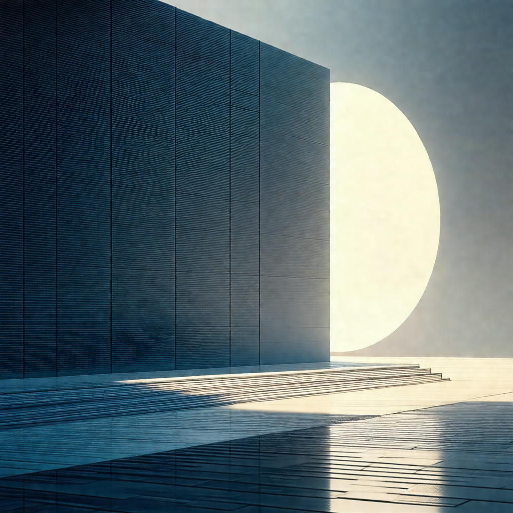 Large, dark building with a bright moon in the background
