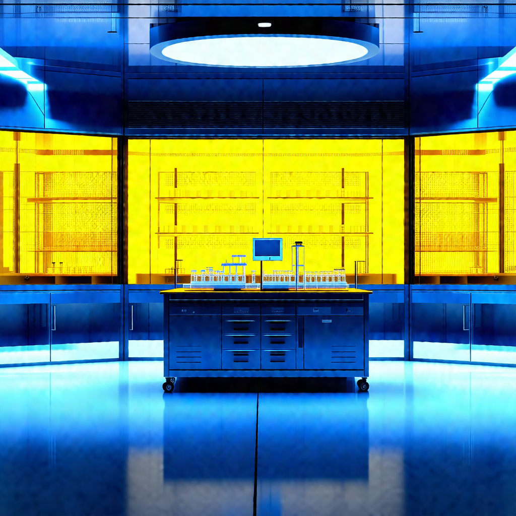 Large, well-lit laboratory with a blue and yellow color s...