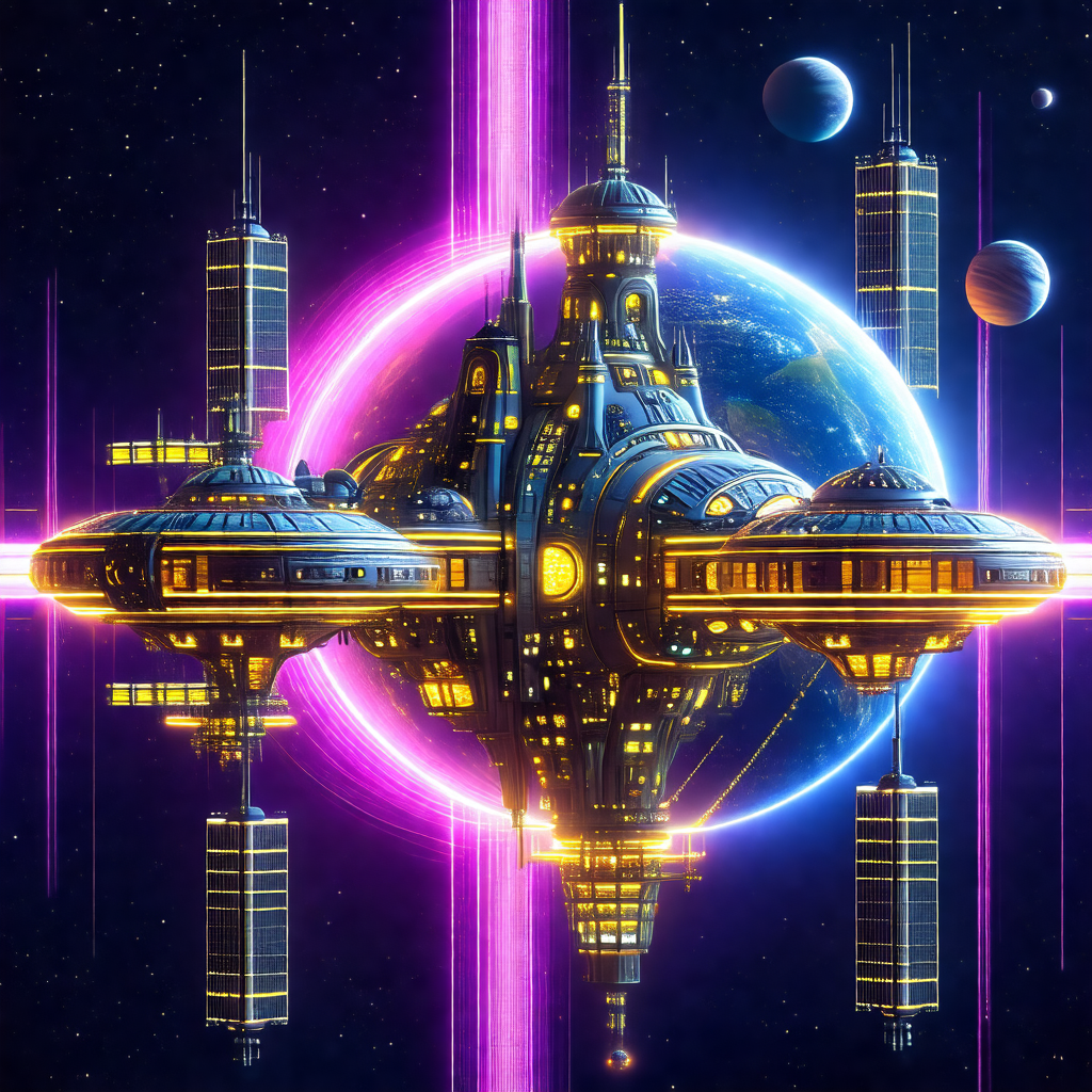 Futuristic drawing of a large space station with a purple...